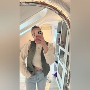 Green Quilted Vest with White Sweater